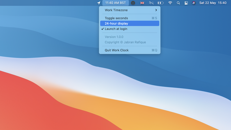 Work clock screenshot on macOS Big Sur (10.15)